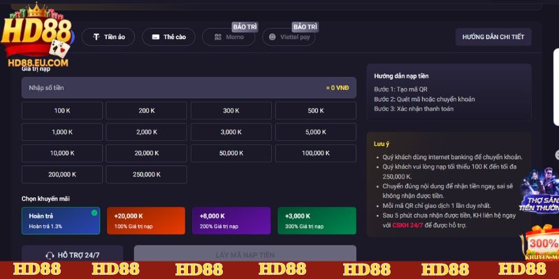 Hướng dẫn nạp tiền HD88