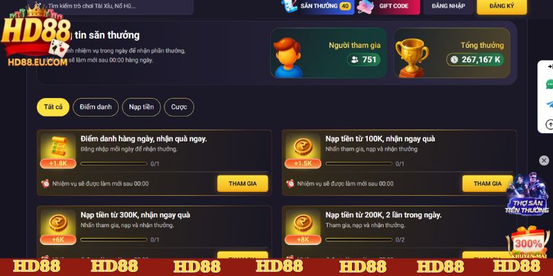 Tổng hợp nhiệm vụ đăng nhập HD88